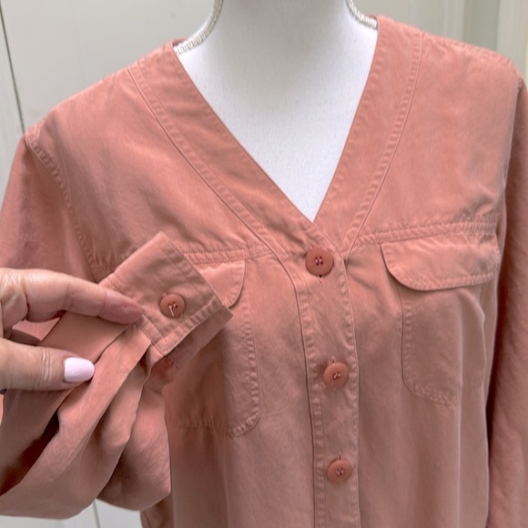 Victoria Soie 100% Silk Muted Pink Midi Shirt Dress Button Front Tunic Sz 10 - Picture 2 of 10